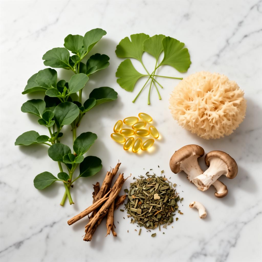 Natural nootropic ingredients used in Cognicept Brain™ — bacopa, ginkgo, lion's mane and omega-3