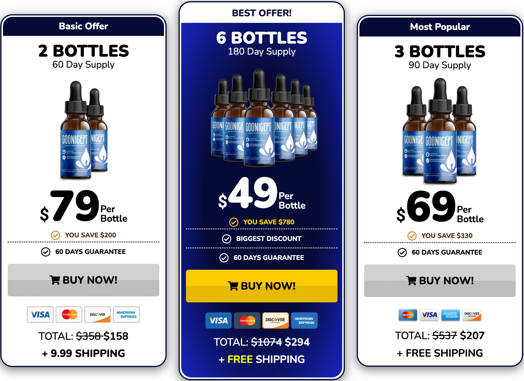 Cognicept Brain™ pricing — 2, 3 and 6 bottle bundles starting at $49 per bottle